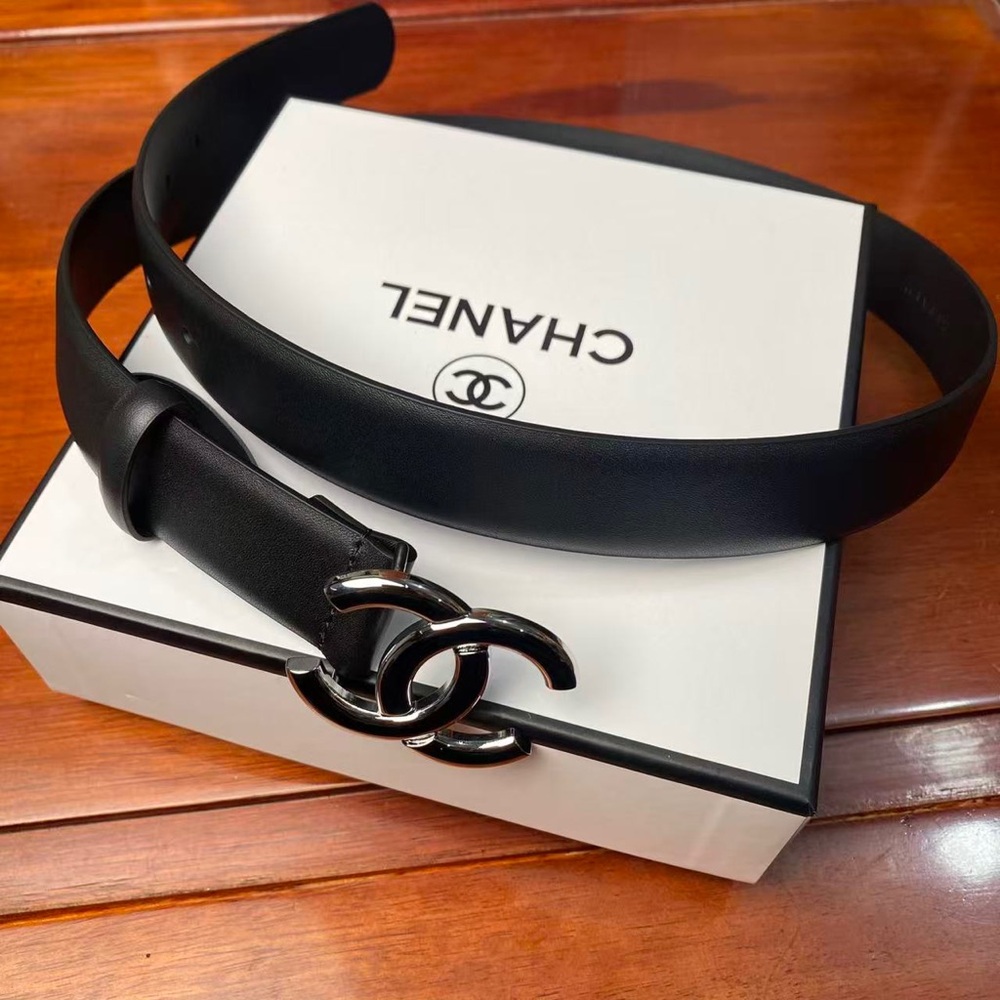CHANEL 30mm Black Leather Belt  with Silver Logo Size 85cm🌟